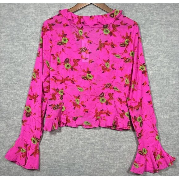 Ecote‎ Urban Outfitters Women’s Terri Blouse Sz M Pink Floral Semi Sheer Ruffle - Picture 7 of 7